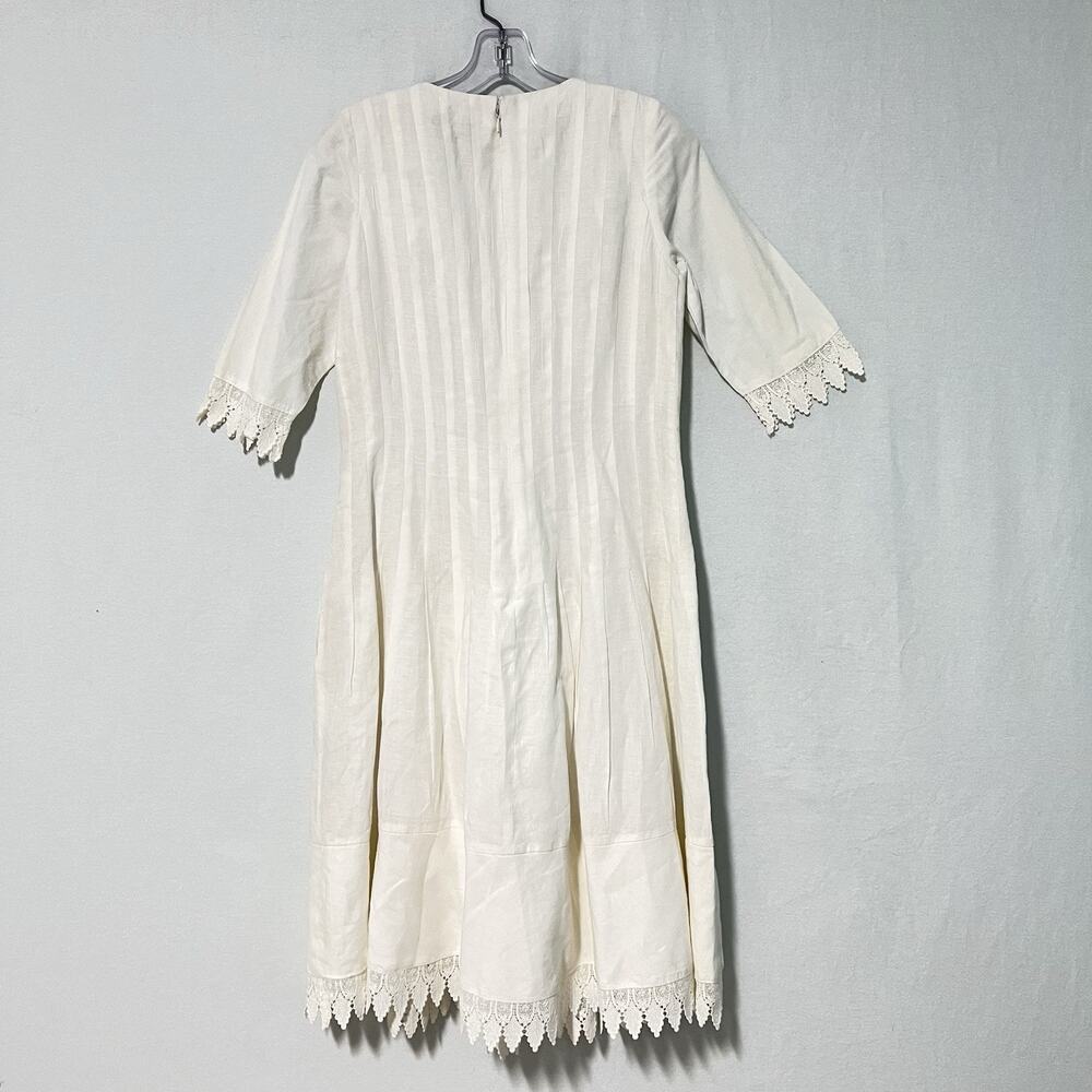 Lauren Ralph Lauren 100% Linen Dress Women 6 Ivory Fit Flare Pintuck Lace Lined - Picture 9 of 15